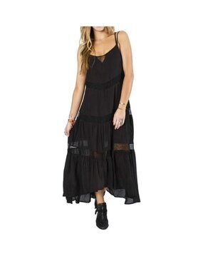 BILLABONG Women's Night Glow Maxi Dress Adjustable Strap Black Bohemian Hippie